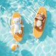 Dos adorables amigos de peluche toman una siesta bañada por el sol, flotando en tablas de surf en una piscina resplandeciente, la quintaesencia de los días perezosos de verano.