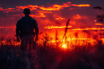 Wall Mural - Field at sunset, soldiers silhouettes, a tribute to service and sacrifice. Generative AI