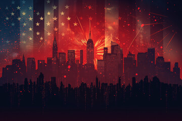 Wall Mural - Fourth of july fireworks american flag in the city Memorial day. Generative AI