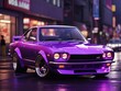 Purple classic sports car on the city street in night