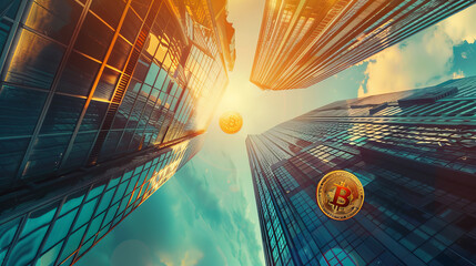 Abstract crypto coin flies from a skyscraper. Abstract illustration.