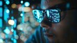 A coders concentration on cyber security tasks, highlighted in a cinematic 4K view, glasses aglow with code