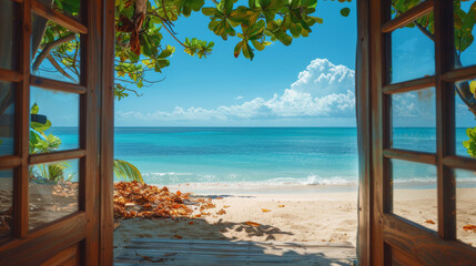  Open door of a beach house overlooking an amazing paradise beach. Beach holiday concept.