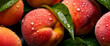 © Lubo Ivanko - Fresh peach fruit, with water drops over it, closeup macro detail. Generative AI