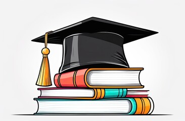 Wall Mural - Graduation front view concept illustration. Black academical hat with tassel on stack of colorful books on white background