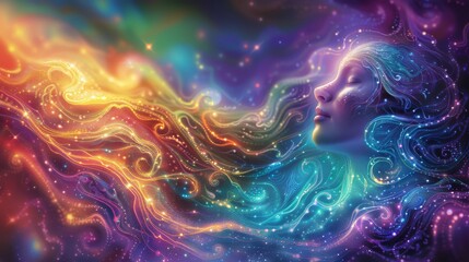Wall Mural - Woman face in glittering, swirling colors. Concept of meditating soul, connection to cosmos, universe. Inner balance, harmony with oneself. Spirituality.