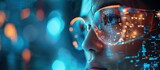 Fototapeta Przestrzenne - A woman wears digital glasses and stares at a holographic screen. Futuristic technology and innovation.