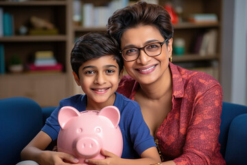 Head shot portrait of smiling Indian mother with 7s Caucasian son holding pink piggy bank, hugging and sitting on couch, happy family saving money for future