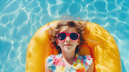 A little girl in sunglasses resting on colorful inflatable float in swimming pool on summer day