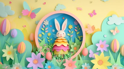 Sticker - An artistic Easter scene with a paper cut bunny surrounded by eggs, flowers, and green grass, creating a happy and vibrant natural environment AIG42E