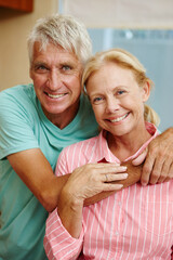 Wall Mural - Portrait, senior and couple in house with smile, retirement and pensioner at home. Mature man, woman and happiness in indoor in relationship, together and married as family, connection and love