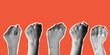© Morena - Halftone hands raised up with closed fist. Feminists fight. Illustration for protest. Modern collage with hands. Trendy vintage newspaper parts. Torn paper. Woman rights concept