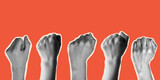 Fototapeta  - Halftone hands raised up with closed fist. Feminists fight. Illustration for protest. Modern collage with hands. Trendy vintage newspaper parts. Torn paper. Woman rights concept