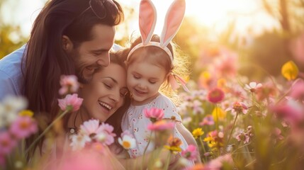 Poster - A happy family wearing bunny ears is sitting in a field of flowers, smiling and sharing gestures of joy in the natural landscape. Fun adaptation to nature, people enjoying the grassy surroundings