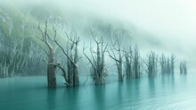 A Picture Of Dead Trees In The Water With Fog In The Background.