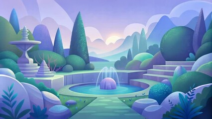 Poster - A tranquil garden of abstract shapes in muted shades of blue green and lavender creating a serene atmosphere.