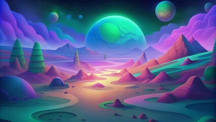 Poster - An otherworldly landscape with shimmering polychromatic patches of electric pink neon green and sapphire blue.
