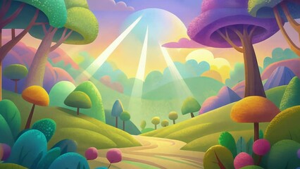 Poster - A natural wonderland with vibrant polychromatic patches of sunlight filtering through a canopy of trees.