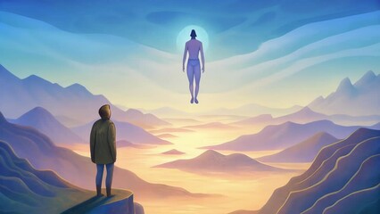 Poster - A person standing on a cliff overlooking a vast landscape with a duplicate version of themselves floating above representing the dual existence