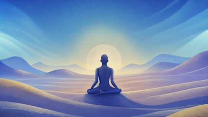 Aufkleber - A lone figure in a meditative pose surrounded by open sky and a vast empty landscape.