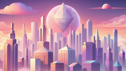 Poster - An otherworldly cityscape of geometric skyscrs set against a cotton candy sky and accompanied by a retrostyle computer font.