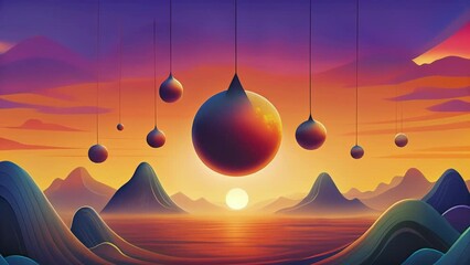 Aufkleber - Dynamic fluid shapes suspended in silhouette against a bold multicolored sunset backdrop.