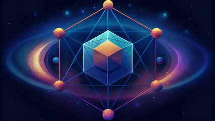 Poster - Cosmic geometry illuminating the darkness with triangles hexagons and stars connecting.