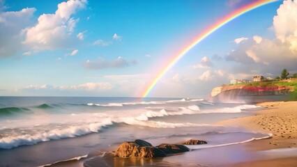 Wall Mural - Rainbow over the ocean with rocks on the beach in Bali, A dreamy oceanside with a rainbow on the horizon after a storm, AI Generated
