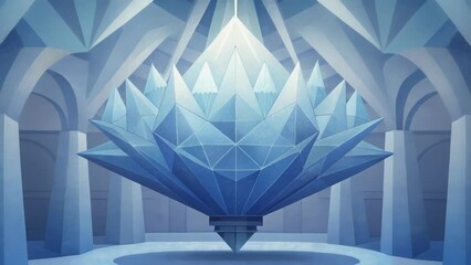 Poster - Like a massive crystal chandelier a giant sculpture of sharp angular shapes glistens in the light of the gallery.