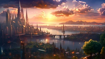 Poster - Breathtaking view of a stunning sunset casting vibrant hues over a city skyline with a picturesque bridge, A glowing city skyline at sunset as seen from a hilltop, AI Generated