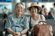retired asian couple sitting at airport with their suitcases
