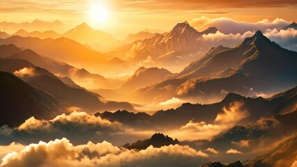 Poster - A captivating painting depicting a breathtaking sunset casting a warm glow over, A misty mountain range with the sunrise illuminated in the background, AI Generated