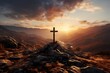 minimalistic design Easter and Good Friday concept, Empty tombstone with cross on mountain