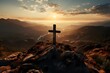 minimalistic design Easter and Good Friday concept, Empty tombstone with cross on mountain