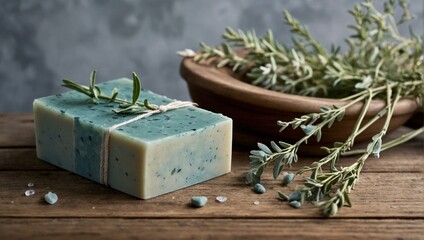 Handmade artisan soap with fresh rosemary and speckled with natural ingredients for skin care on rustic wooden background