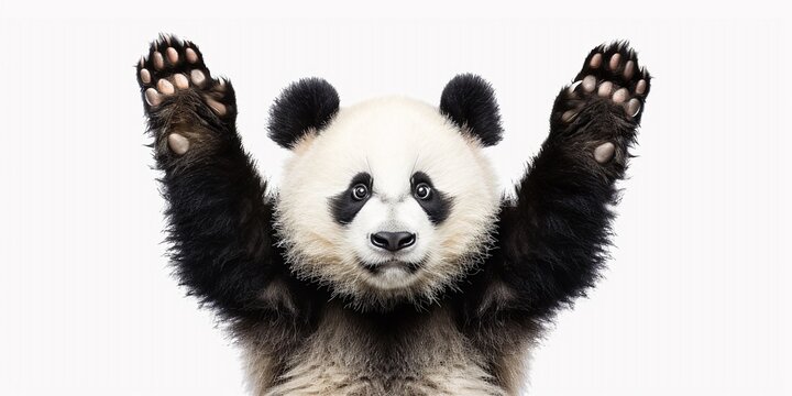 happy funny panda hands up isolated on white background, concept of celebration, happiness, hooray, 