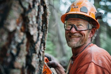 Sticker - Male lumberjack woodcutter in safety glasses and a helmet with a saw in his hands against the background of a cut tree