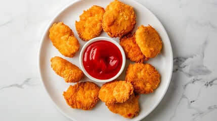 Wall Mural - Chicken nuggets and ketchup from above on white plate