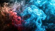Blue-red smoke on a black background. Red smoke is on the left and blue smoke is on the right. The colors are vibrant and create a swirl effect.