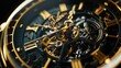 black background, close up of clock with gold details, insanely detailed and intricate, cinematic lighting