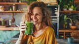Fototapeta  - Portrait happy young woman drinking a glass fresh green healthy smoothie at home. AI generated