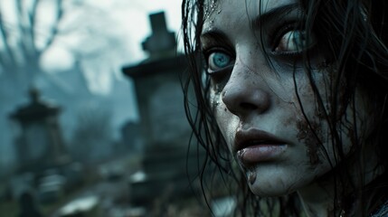 Wall Mural - Close-up of a zombie woman with blue eyes and dark hair. She is in a cemetery with gravestones in the background.