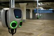 Side View Of Charging Electric Cars In Parking Garage