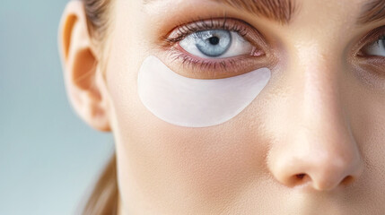 Wall Mural - Young woman's face with a cosmetic eye patch against wrinkles and puffiness. Skin care rejuvenation concept