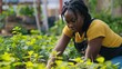 A successful black entrepreneur spearheading a community beautification project, transforming neglected urban spaces into vibrant community gardens, through her garden center.