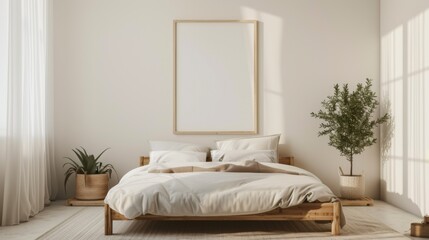  A serene bedroom interior in a minimalist style, with a neutral color palette and a single, prominent blank photo frame above a simple bed frame.
