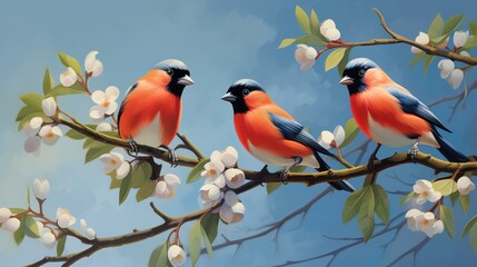 Wall Mural - Three red bullfinches sit on a tree branch with white flowers and green leaves. The sky in the background is blue.