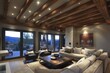 Sleek and varnished wooden beams crisscross the ceiling of a modern living room