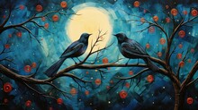 Two Black Starlings Sitting On A Tree Branch. The Background Is A Full Moon In A Blue Sky With Red Dots.