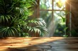 wood table background with sunlight window create leaf shadow on wall with blur indoor green plant
